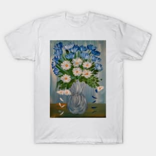 lovely vibrant bouquet of flowers in a silver vase .. T-Shirt